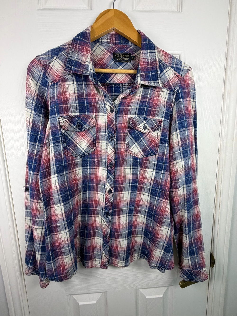 Ci Sono Plaid Button-Up Shirt L Coastal Grandmother Shacket Cottagecore Layering